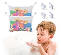 SYEYCW 2 Pcs Bath Toy Storage Net Bag, with 4 Suction Cup Hooks & 4 Adhesive Hooks, Transparent Toy Storage Bags with Suction Cup for Organize Toys, for Mesh Bath, Keep Bathtub Water Mold Free