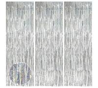 SYEYCW 3 Pcs 3.28ft x 8.20ft Silver Foils Fringe Curtains, Door Curtains Hanging Streamers, Curtains Metallic Tinsel Backdrop Decorations for Bachelorette, Birthday, Wedding, Party Decoration (Silver)