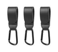 SYEYCW 3 Pcs Black Buggy Clips, Universal Pram Clips for Buggy, Leather Pram Hooks for Bags, Adjustable Stroller Hooks, for Diaper Bag, Pushchair, Shopping Grocery Handbag, Backpack