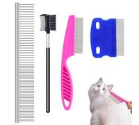 SYEYCW 4 Pcs Flea Comb, Flea Lice Comb, Stainless Steel Dog Cat Grooming Combs, Grooming Comb Kit, for Tear Stain Remover, 2-in-1 with Round Teeth to Remove Knots Crust Mucus, for Small Dogs Puppies
