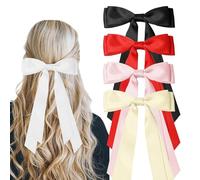SYEYCW 5 Pcs Hair Bows for Girls Women, Ribbon Bows for Hair, Metal Ponytail Clips, Ribbon Ponytail Holder Accessories, for Daily Wear, Parties and Celebrations, Black, Red, Pink, Beige, White
