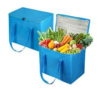 SYF-UN 2 Pack Insulated Reusable Grocery Shopping Bag, Food Delivery, Cooler Bag, Heavy Duty, Large Size, Durable Handles, Dual Tab Zips, Lid, Stands Upright, Collapsible, Sustainable (Blue, 2 Pack)
