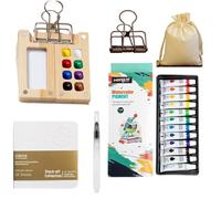 SYFFWZH Mini Watercolour Paint Set, 15 Grids Travel Kit with Foldable Wooden Palette, Sketchbook, Brush, Fabric storage bags，6 Pieces