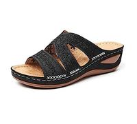 Syfinee Ladies Wedge Sandals, Orthopedic Arch-Support Summer Thick Platform Sandals, Embroidered, Black, 42 EU