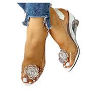 Syfinee Lady's Casual Crystal Sandals,See-Through Rhinestone Wedge Heel Woman Sandals,Studded Flower Design Transparent Sandals for Woman