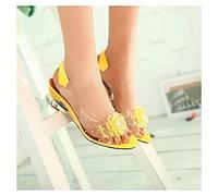 Syfinee Lady's Casual Crystal Wedge Sandals, See-Through Rhinestone, Floral Design, Yellow, US Size 8.5