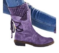 Syfinee Women's Winter Mid Calf Boots,Warm Back Lace Up Snow Boots with Thick Heel Vintage Style Design
