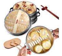 Syfunlv 2 Tiers Bamboo Steamer Basket, dumpling steamer bamboo,7.8 Inch Chinese Food Steamers,Stainless steel Rings With Lid,for Cooking Dim Sum, Buns, Dumplings, Vegetables