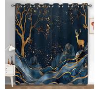 Syhi Qlty Blue Retro Blackout Curtains for Living Room Bedroom Thermal Eyelet - Golden Trees Curtains 66 x 72, 72 Drop Window Drapes, 2 Panels, AL24