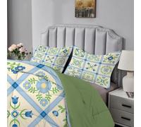 Syhi Qlty Green Coverless Duvet Single Reversible KidsVintage florals Comeforter Set for All Season, Lightweight Machine Washable Stripes Single Quilt 135x200 with Pillowcase 50x75cm AL60