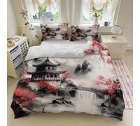 SYHIEGO Ink Red Maple Print Double Duvet Set 200x200 cm, Mountain Waterfall Double Bedding Sets, Soft Microfiber Quilt Cover with 2 Pillowcases, Japanese Style Duvet Cover Set - AAa10