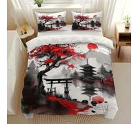 SYHIEGO Red Sun Maple Scene Print Double Duvet Set 200×220 cm, Japanese Loft Double Bedding Sets, Soft Microfiber Quilt Cover with 2 Pillowcases, Japanese Style Duvet Cover Set - AAa39