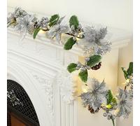 Syhood 1 Pcs 6.5FT Prelit Christmas Poinsettia Flower Garland Glitter Berries Holly Leaves Artificial Lighted Garland Battery Operated for Xmas Mantle Home Indoor Outdoor Decor (Sliver)