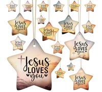 Syhood 12 Pcs Jesus Loves You Christmas Ornament 6 Styles Christmas Ceramic Ornament Religious Bible Verse Xmas Ornament Star Hanging Ornaments Christmas Decorations for Christmas Tree