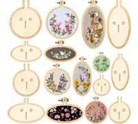 Syhood 16 Sets Mini Embroidery Hoop Wooden Mini Stitch Hoop Ring for DIY Pendant Crafts, Round, Oval Vertical, Oval Horizontal