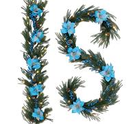 Syhood 2pcs 6FT PreLit Christmas Norfolk Pine Garland Lighted Large Poinsettia Flower Garland with Artificial Pinecones Glitter Berries for Mantle Fireplace Stair Table Christmas Indoor Decor (Blue)