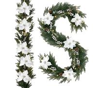 Syhood 2pcs 6FT PreLit Christmas Norfolk Pine Garland Lighted Large Poinsettia Flower Garland with Artificial Pinecones Glitter Berries for Mantle Fireplace Stair Table Christmas Indoor Decor (Silver)