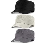Syhood 3 Pieces Cadet Army Caps Adjustable Flat Caps Unisex Cadet Hat Military Army Hat, Black, Beige, Grey, 9.8 x 7.1 x 3.5 inches