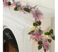 Syhood 6.5ft Prelit Poinsettia Flower Garland Valentine's Day Decor Artificial Lighted Garland Battery Operated Glitter Berries Leaves for Christmas Mantle Home Indoor Outdoor Decor(Pink,1 Pcs)