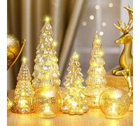 Syhood 6 Pcs Gold Mercury Glass Christmas Tree for Tabletop Light up Figurine Christmas Tree Mercury Cracked Glass Globe with Light for Xmas Decor Home Party Centerpiece Mantel Gift