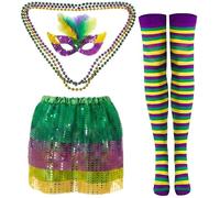 Syhood 6 Pcs Mardi Gras Costume Set, Sequined Tassels Tutu Skirt, Faux Feather Pattern Half Mask, Necklace and Long Socks(Elegant,Medium)