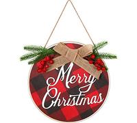 Syhood Christmas Hanging Decorations Wreath Christmas Hanging Sign Rustic Burlap Wooden Holiday Decor for Christmas Home Window Wall Farmhouse Indoor Outdoor Decorations, Red and Black