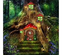 Syhood Fairy Door and Window Miniature Summer Home with Lamp Room Wall and Trees Outdoor Glow in Dark Fairies Sleeping Yard Art Garden Sculpture Patio Lawn Decor Ornament Gift(Mushroom Style)