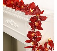 Syhood Valentines Day Glitter Berry String Garland 6ft Red Lighted Holly Leaves Indoor Outdoor Artificial LED Decor for Fireplace Mantel (Red)