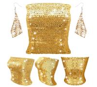Syhood Women's Sparkly Sequin Crop Tops Strapless Metallic Tube Tops Metal Mesh Drop Dangle Earrings for Wear Party (Gold,L)