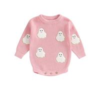 SYHVGI Baby Girl Halloween Knit Romper Ghost Patch Crewneck Long Sleeve Sweater Bodysuit Infant Fall Winter Clothes (A-Pink, 3-6 Months)