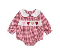 SYHVGI Newborn Baby Girl My First Valentines Outfit Long Sleeve Smocked Heart Embroidery Plaid Bubble Romper (A-Red, 12-18 Months)