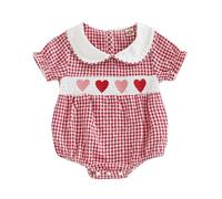 SYHVGI Newborn Baby Girl My First Valentines Outfit Long Sleeve Smocked Heart Embroidery Plaid Bubble Romper (B-Red, 3-6 Months)