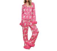 SYHVGI Women 2Pcs Christmas Pajama Set Silk Satin Long Sleeve Button Down Feather Trim shirt and Pants Loungewear Outfits (Rose Red, M)