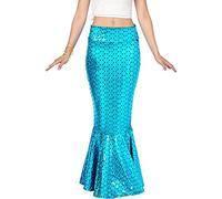SYHVGI Women Long Mermaid Skirt Metallic Hologram Scale Print Skirt with Pearl Chain Cosplay Party Fancy Maxi Skirt (Blue, L)