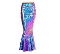 SYHVGI Women Long Mermaid Skirt Metallic Hologram Scale Print Skirt with Pearl Chain Cosplay Party Fancy Maxi Skirt (Colorful, L)