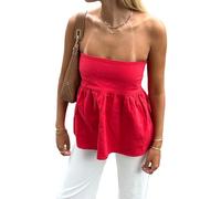 SYHVGI Women Strapless Bandeau Tube Peplum Top Smocked Back Tunic Blouses Flowy Going Out Y2k Tank Top (A-b-Red, M)