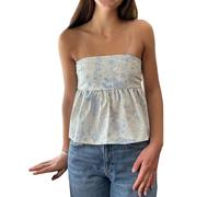SYHVGI Women Strapless Bandeau Tube Peplum Top Smocked Back Tunic Blouses Flowy Going Out Y2k Tank Top (B-a-Light Blue, M)