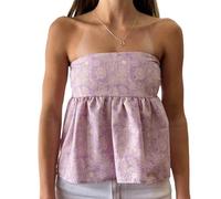 SYHVGI Women Strapless Bandeau Tube Peplum Top Smocked Back Tunic Blouses Flowy Going Out Y2k Tank Top (B-b-Purple, M)