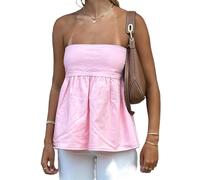 SYHVGI Women Strapless Bandeau Tube Peplum Top Smocked Back Tunic Blouses Flowy Going Out Y2k Tank Top (A-a-Pink, M)