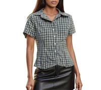 SYHVGI Women Y2k Short Sleeve Button up Plaid Shirt Coquette Summer Tops Retro Gingham Blouse Slim Fit Crop Top (H-Navy Blue, L)