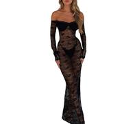 SYHVGI Womens See Through Mesh Long Dress Sheer Lace Flower Long-Sleeve Off Shoulder Maxi Dress (Black, L)