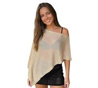 SYHVGI Women's Sheer Mesh Ponchos Off Shoulder Short Sleeve Solid Color Cover Ups Asymmetrical Knit Shawl Tops (Khaki, S)
