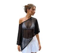 SYHVGI Women's Sheer Mesh Ponchos Off Shoulder Short Sleeve Solid Color Cover Ups Asymmetrical Knit Shawl Tops (Black, S)
