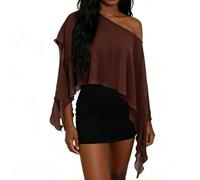 SYHXBWZ Women Chiffon Poncho Top One Off Shoulder Layered Ruffle Sheer Shawl Wraps Asymmetrical Hem Dress Mesh Cape Cover Ups (Chocolate, L)
