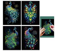 Syiyunran Scratch Pictures, Scratch Painting, 4 Sheets, 28.5 x 21 cm, Peacock Series Art Coated Coloured Scratch Paper, Glow in the Dark with 1 Scratch Pen Set for Adults, Children, Drawing