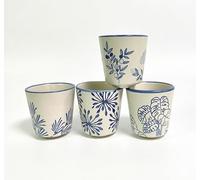 SYJAN HOME 6 oz Chinese tea cups,Ceramic Coffee Cup, No Handle Teacup Matcha Mug for Latte, Juice,Japanese Tea Cups,Dishwasher & Microwave Safe Cups (Blue-Plants 2)