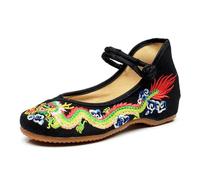 SYJYM Handmade Women Cotton Ballet Flats Dragon Embroidery Ladies Shoes Casual Breathable Driving Shoes Black