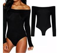 Sykesstyle Women’s Bardot Off Shoulder Plain Stretch Bodysuit Leotard Top Long Sleeve (Black, UK 8-10)