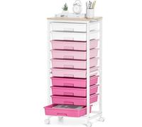 SYKIARIOL 10 Drawer Storage Trolley,Plastic Storage Drawers on Wheels,Arts and Crafts Trolley with Wooden Top,Craft Organiser for Marker,Office,Dorm,Kid's Room,Pink