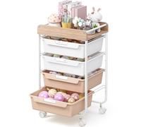 SYKIARIOL 4 Drawer Storage Trolley with Drawers, Craft Trolley on Wheels with Handles, Multifunctional Rolling Storage Organizer for School, Office, Bedroom, Living Room - Pearl